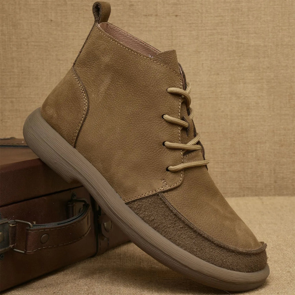 Men's gray genuine leather Martin boots with wedge heel and front lace-up design.