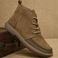 Men's gray genuine leather Martin boots with wedge heel and front lace-up design.