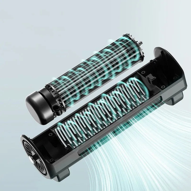 Black bladeless car ventilation fan with USB cable, showing compact design and control keys.
