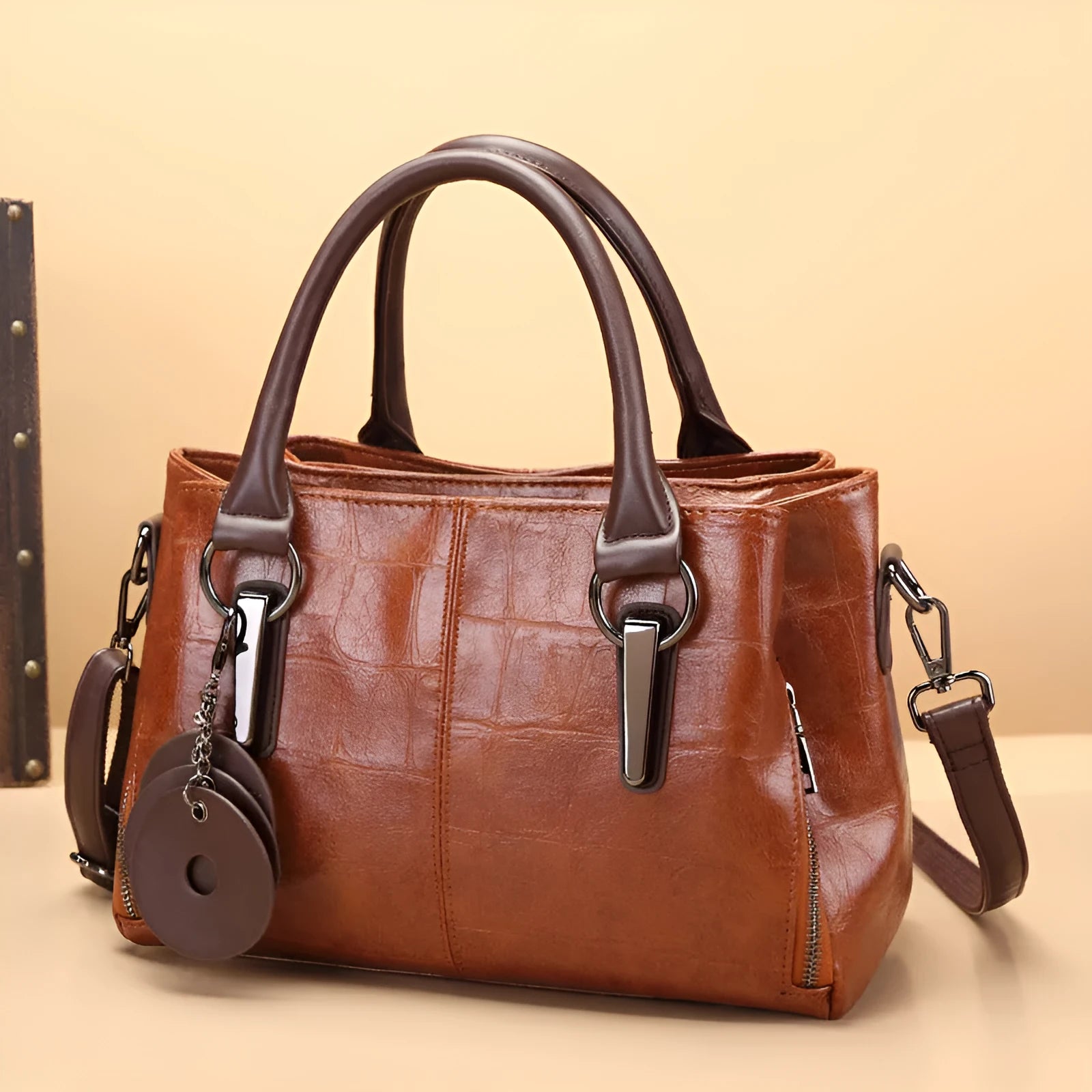 Horizontal square PU shoulder bag in vintage brown colour with single strap and open outer pocket