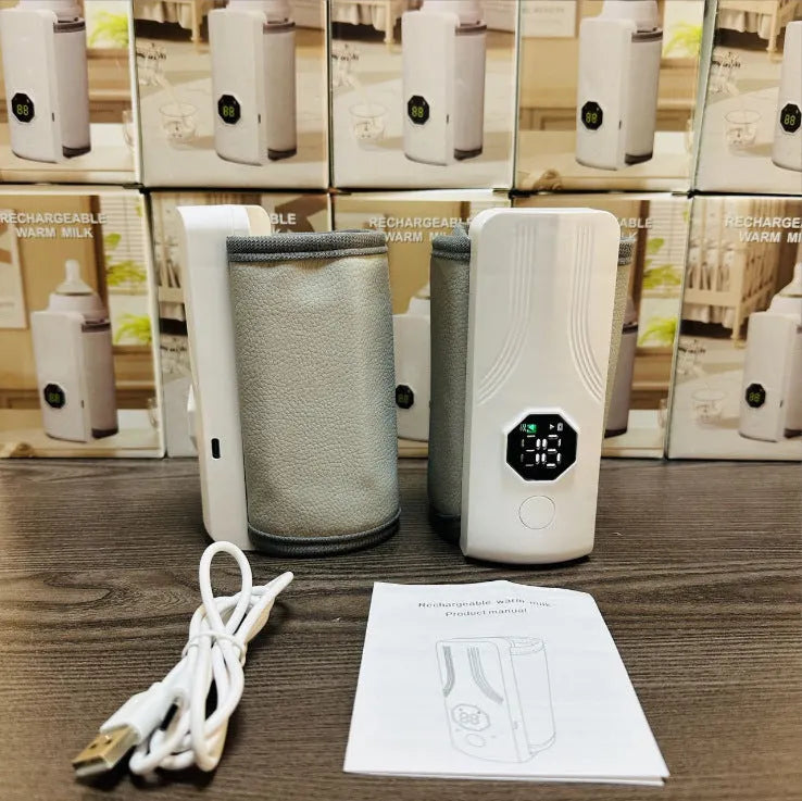 Gray and white electric car milk warmer with PU leather finish and constant temperature heating for baby bottles.