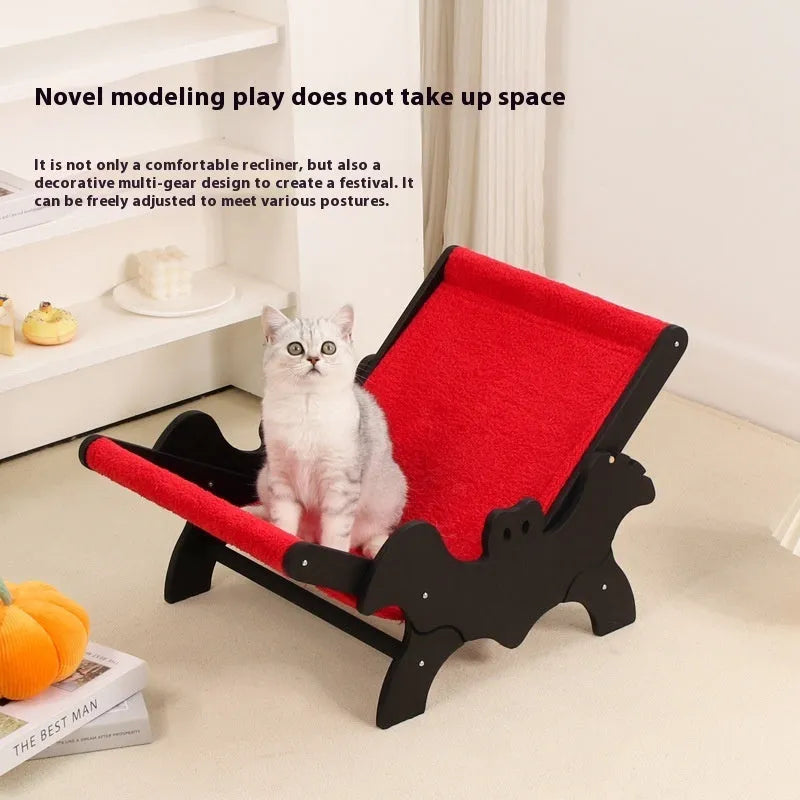 Wooden cat recliner bed with Halloween black and red design on raised platform