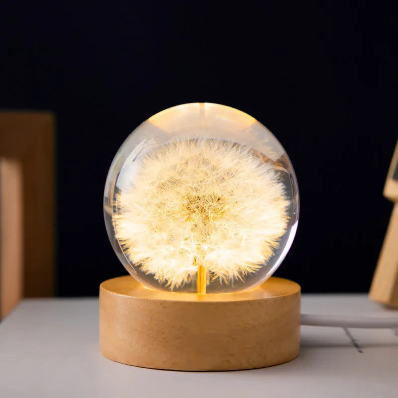 3D dandelion crystal ball night light on beech wood base with preserved flowers inside 6cm resin sphere