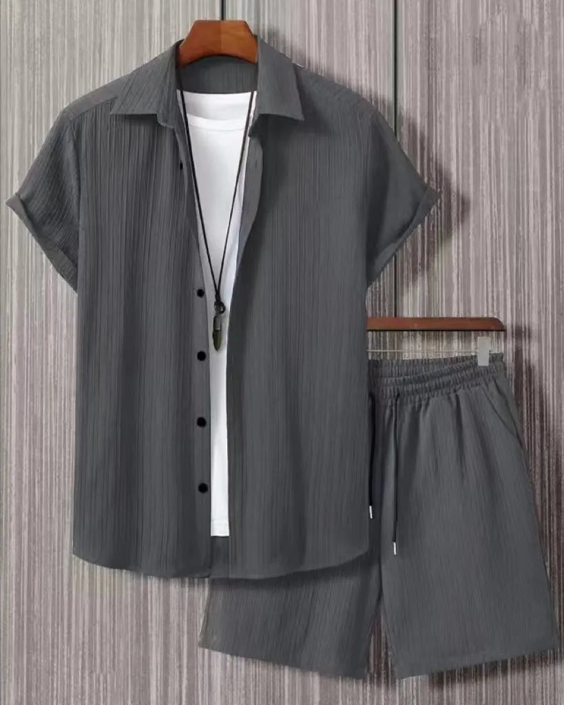 Jacquard short sleeve suit set in chemical fibre blend fabric available in beige, black, grey, or white