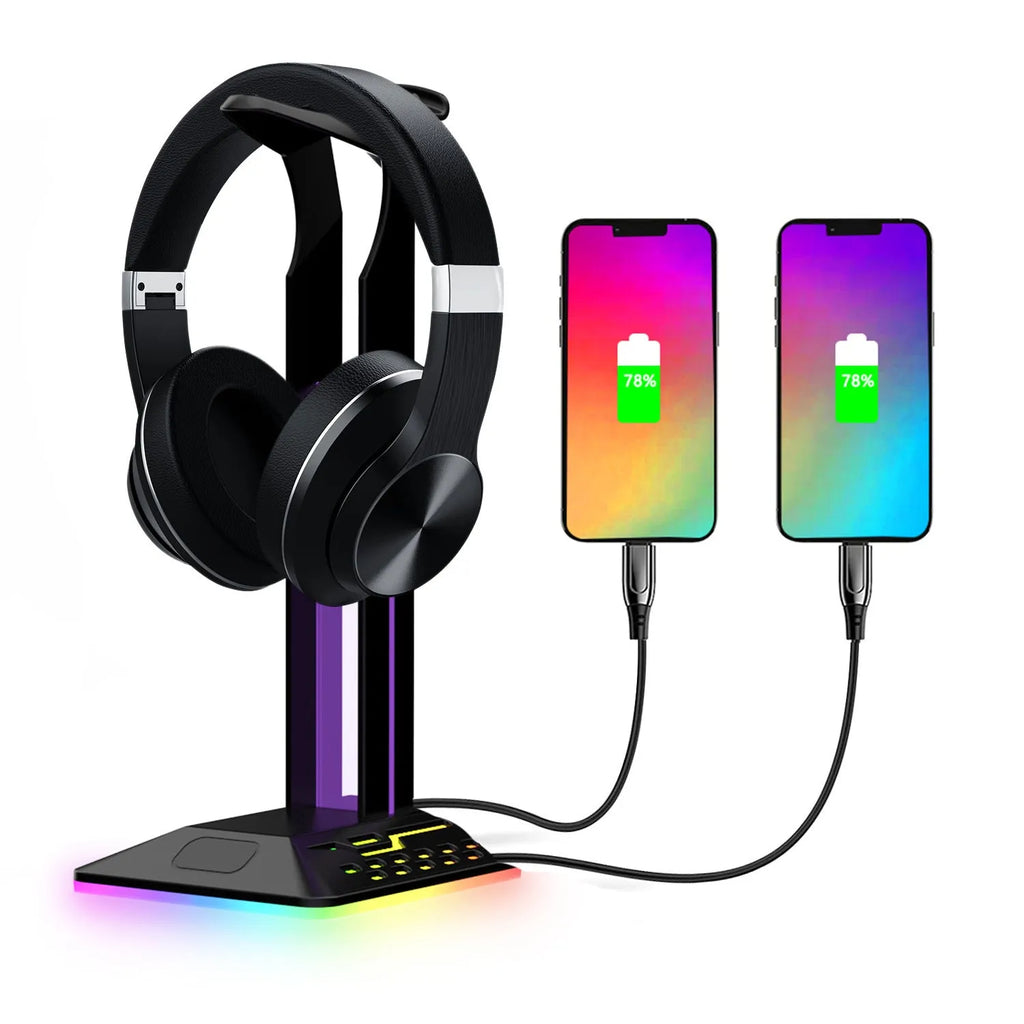 RGB headset bracket with dual USB ports and colour-changing LED lighting on a desk