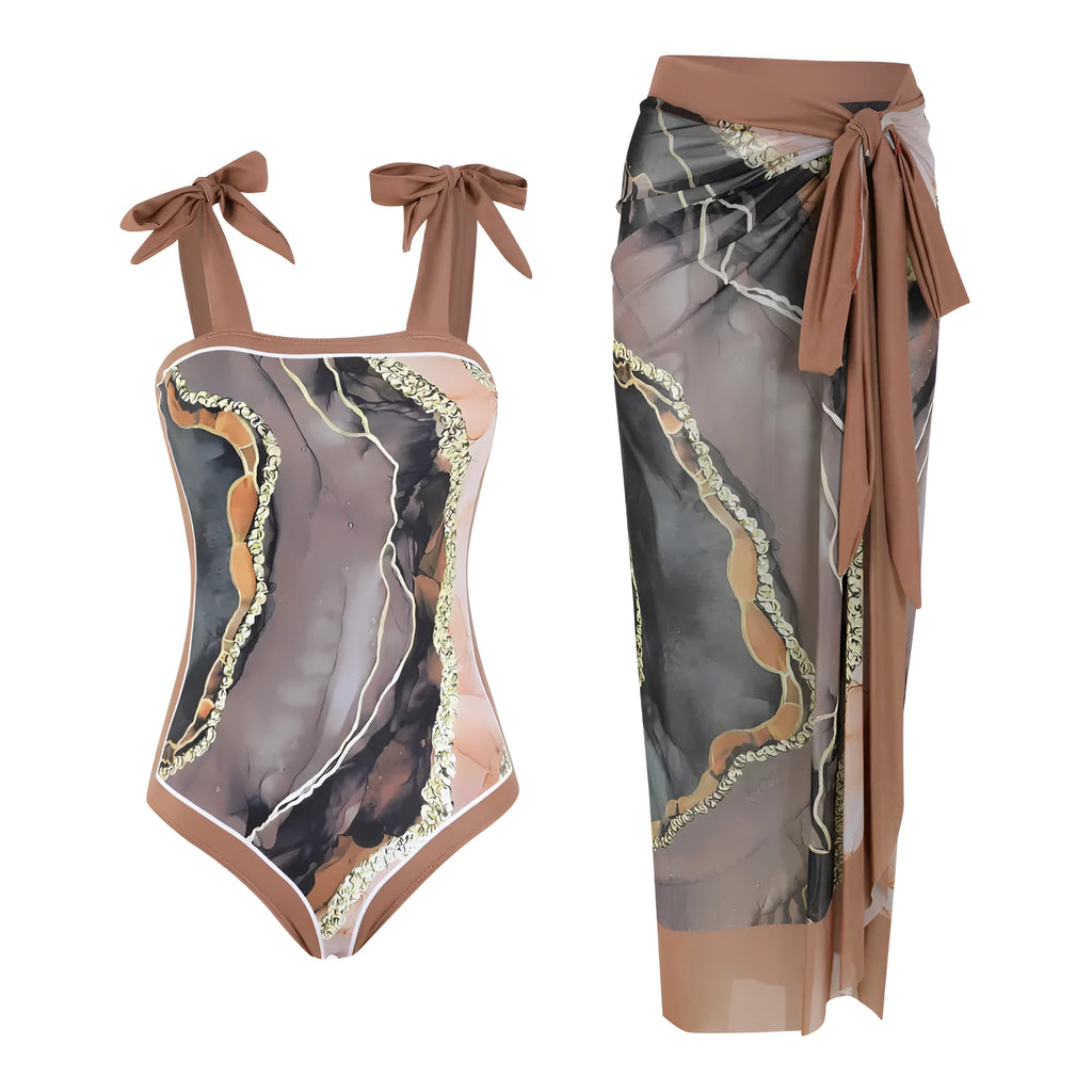 Floral-printed conservative one-piece swimsuit with mesh tube top and matching skirt