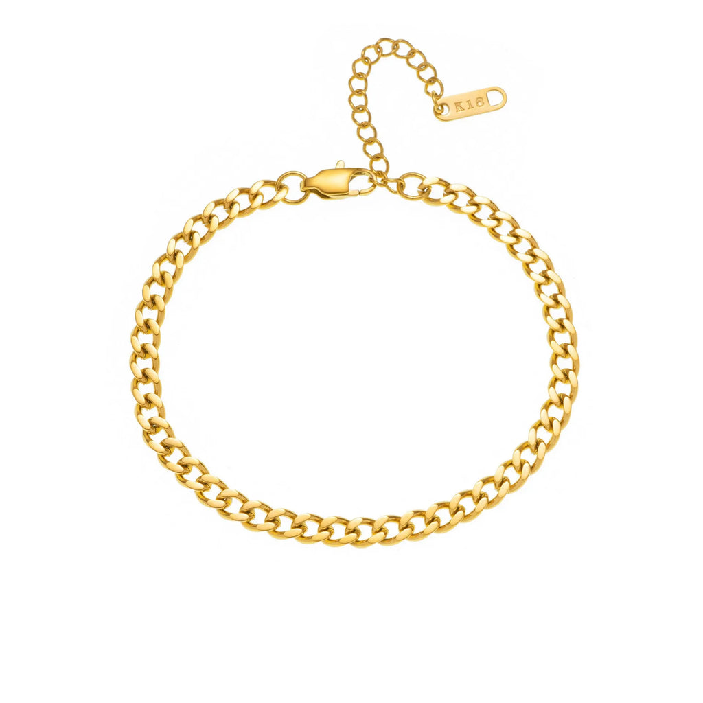 Gold electroplated titanium steel necklace with a letter A charm on a grinding chain.
