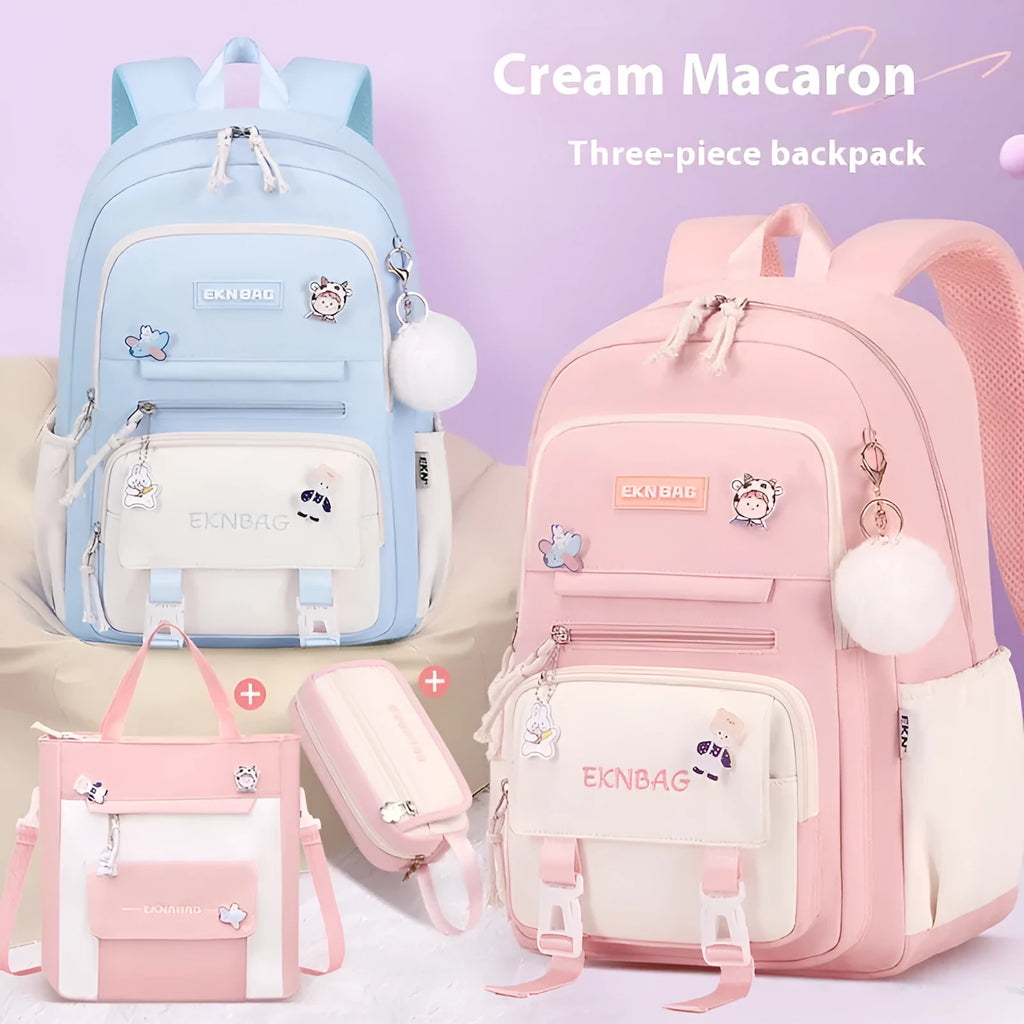 Girls waterproof Oxford cloth school backpack with curved shoulder straps and spine protection in solid colour options.