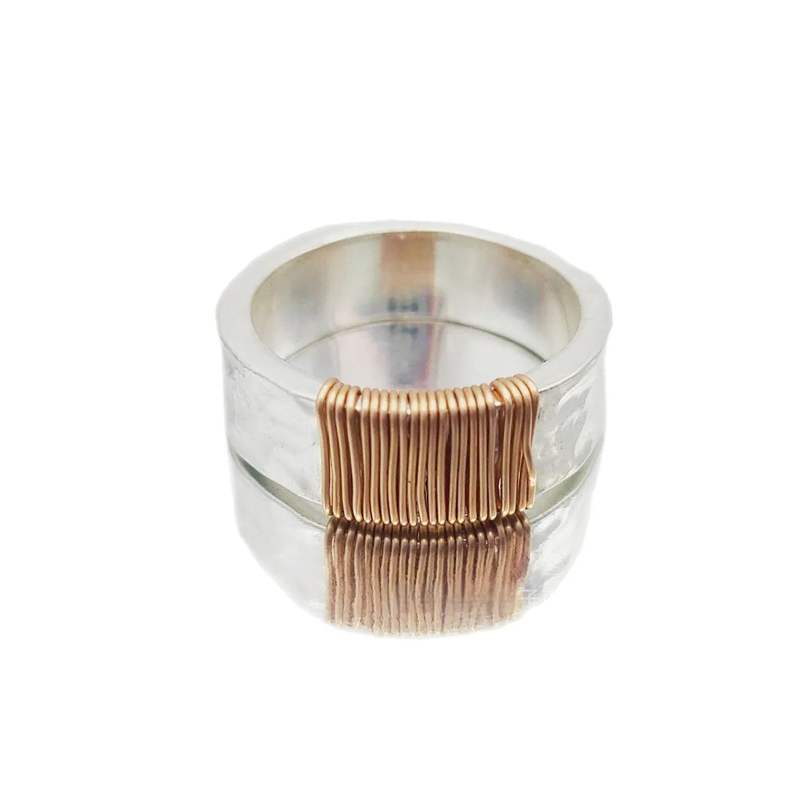 Copper bracelet ring with irregular coil design and electroplated silver-gold finish