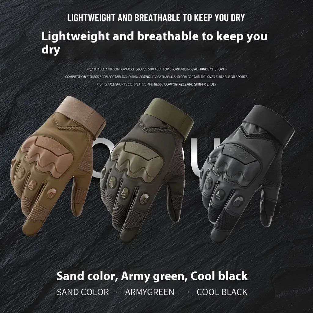 Men's black tactical full finger gloves with touch screen capability on the fingertips.