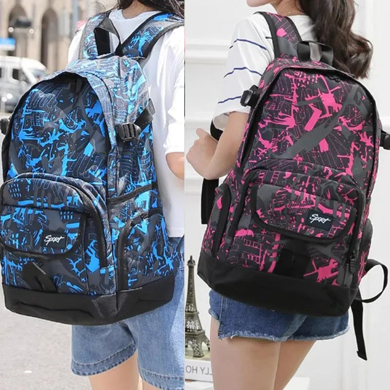Blue nylon backpack with adjustable straps and large main compartment.