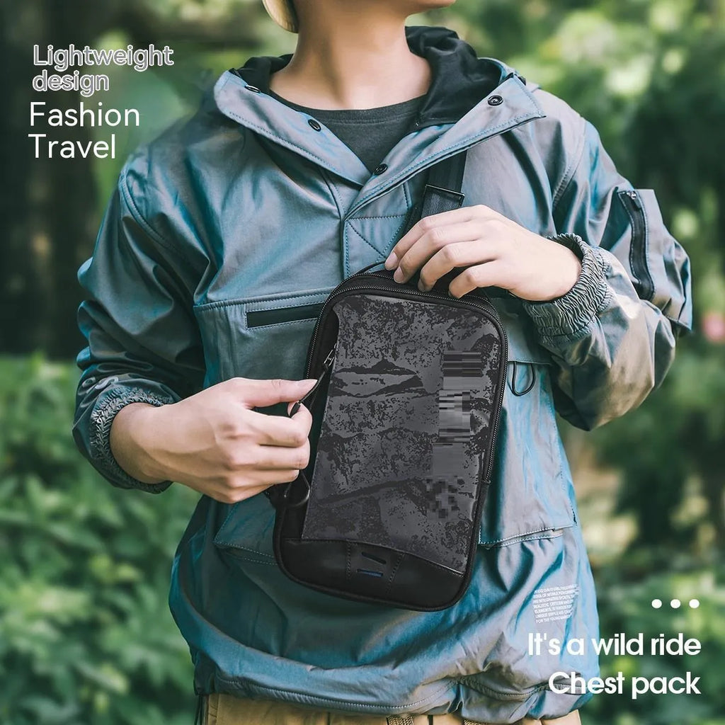 Casual black TPU waterproof chest bag with single strap and square vertical shape.