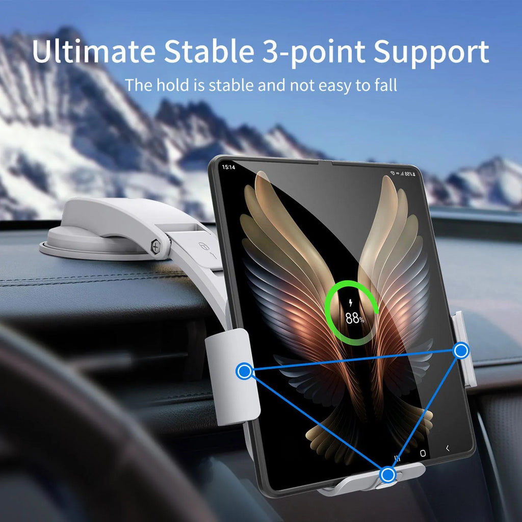 Grey wireless charging car phone holder with folding screen shown with air conditioner clip and suction cup mount accessories.