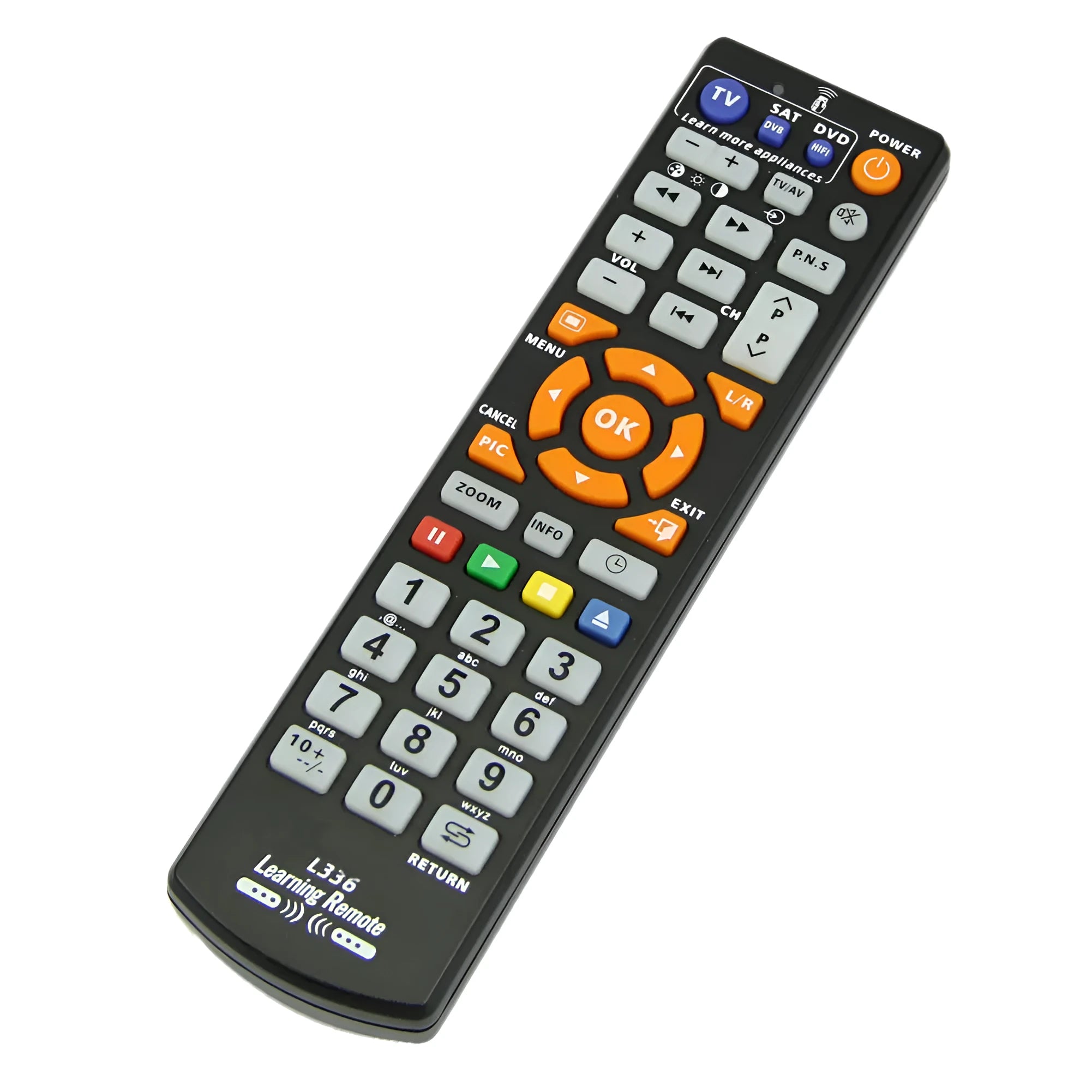 Black L336 learning remote control showing full key layout with programming capability for audio equipment