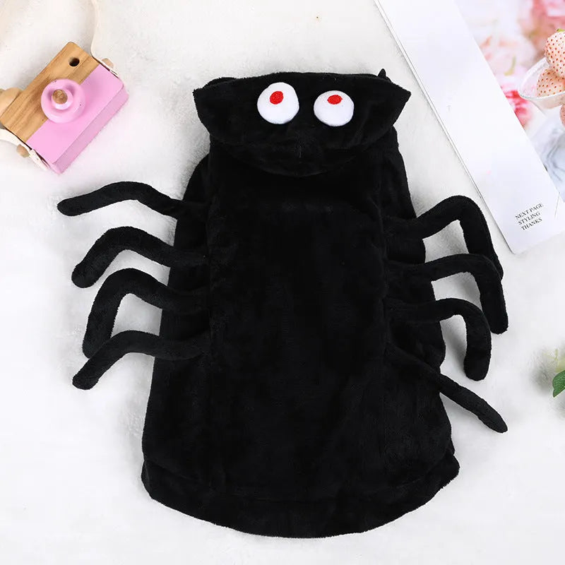 Dog wearing Halloween spider costume with black spider pattern on polyester fabric