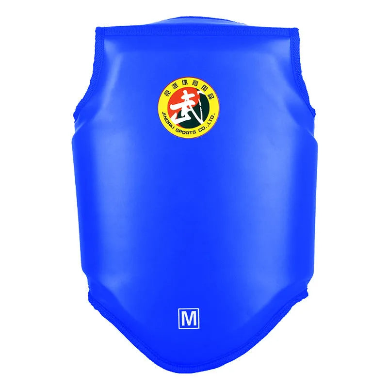Red boxing helmet with integrated chest protector for fighting training