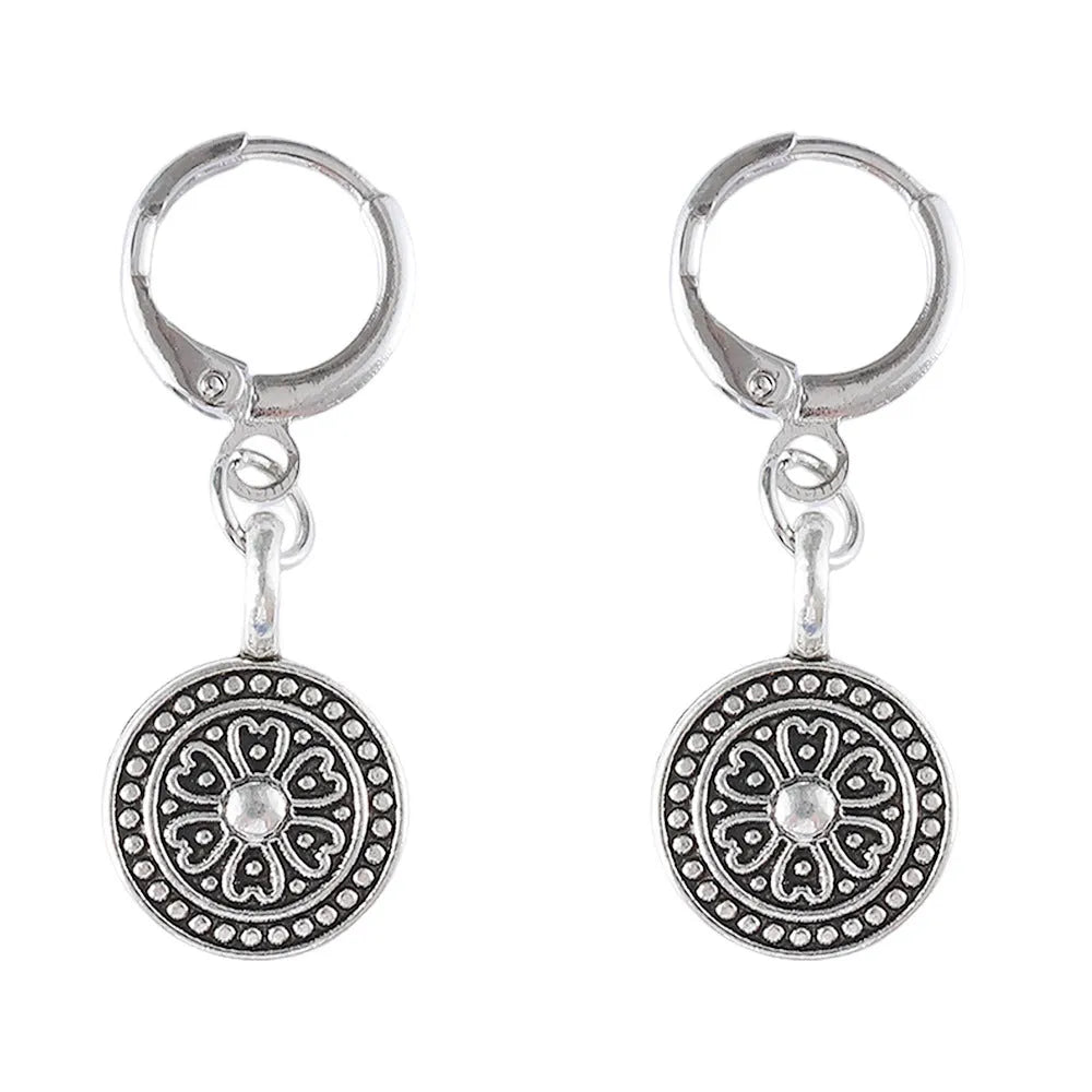 Geometric zinc alloy earrings with distressed ethnic prints in bohemian retro style