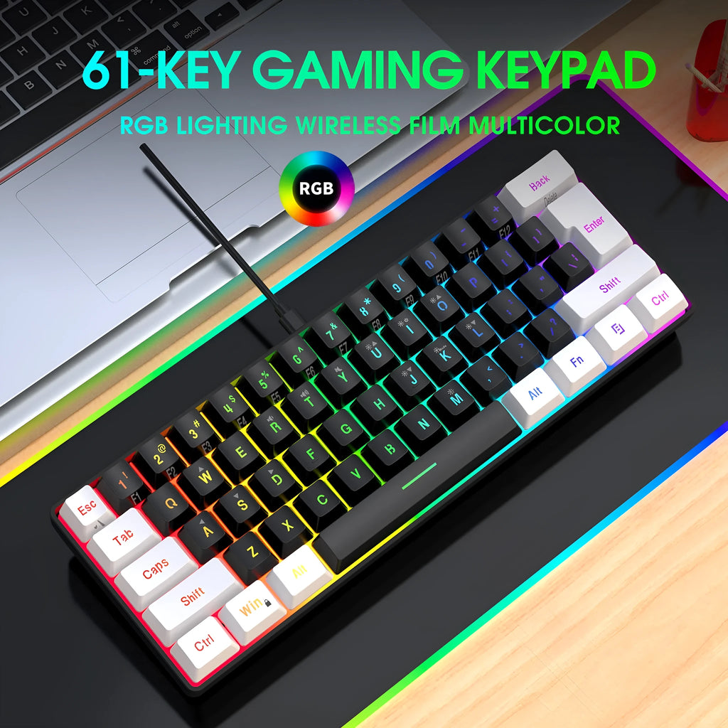 Simple wired 61-key membrane keyboard with compact UK layout in white and black colour scheme