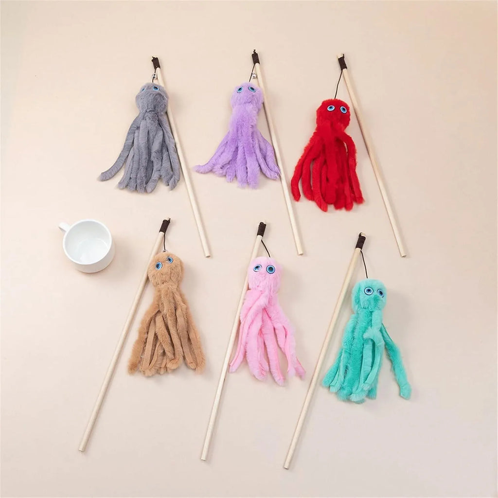 Furry octopus cat toy attached to long stick for interactive indoor play with kittens