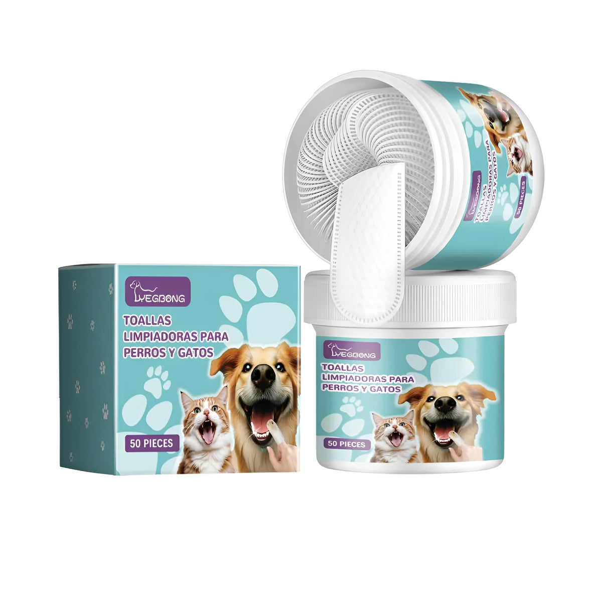 Boxed dog cleaning finger holder and toothpaste set for tartar removal, measuring 7.6 by 8.8 centimetres.