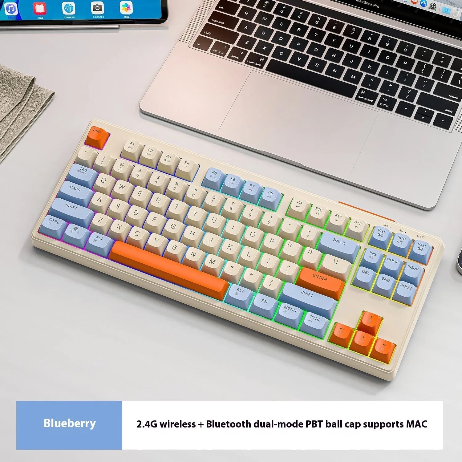Free Wolf M87 wireless Bluetooth dual-mode mechanical feel keyboard in blueberry colour on a desk