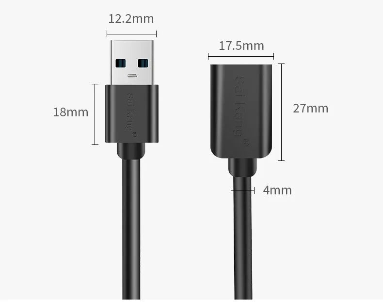 Black USB extension cable with male and female connectors showing length options for USB 3.0 and USB 2.0 devices