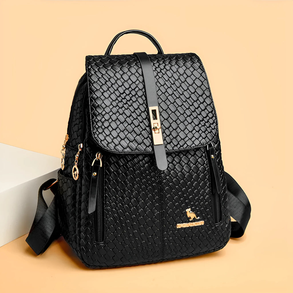 Women's large capacity waterproof PU backpack in black or white with medium hardness and no lining cloth