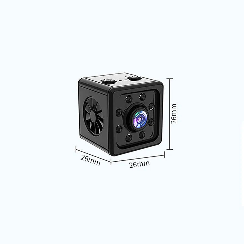 Black cube-shaped network security camera with mounting bracket on side