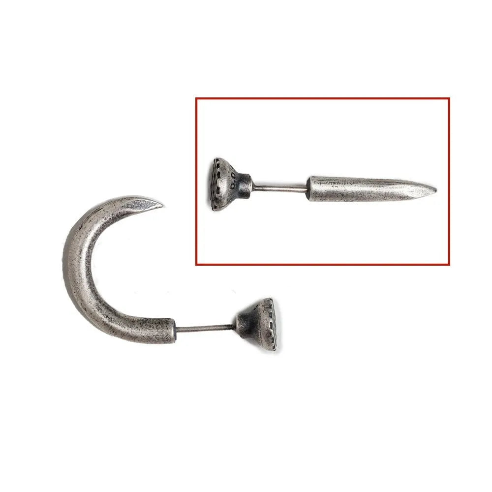 S925 Sterling Silver single nail stud earring on ear hook in straight or curved punk style.