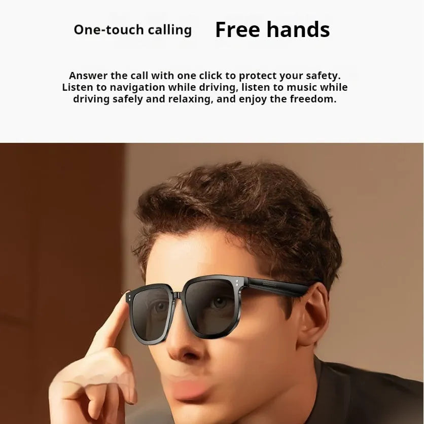 Black AI smart sunglasses with Bluetooth audio, touch controls and UV protection lenses on a PC frame.