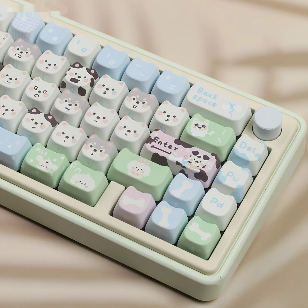 PBT sublimation keyboard key cap set with colourful puppy designs on every key