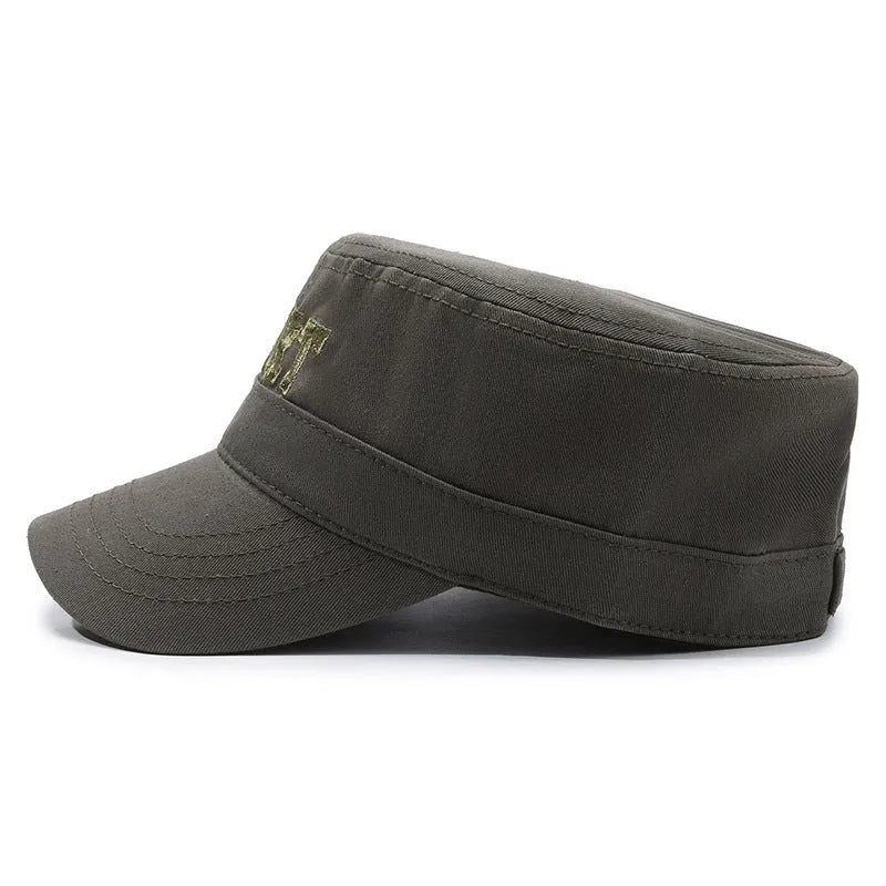 Men's adjustable cotton flat-top peaked cap in army green colour on a neutral background.