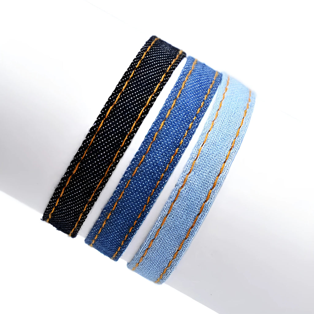 National style denim fabric bracelet with mixed materials, hand-processed construction