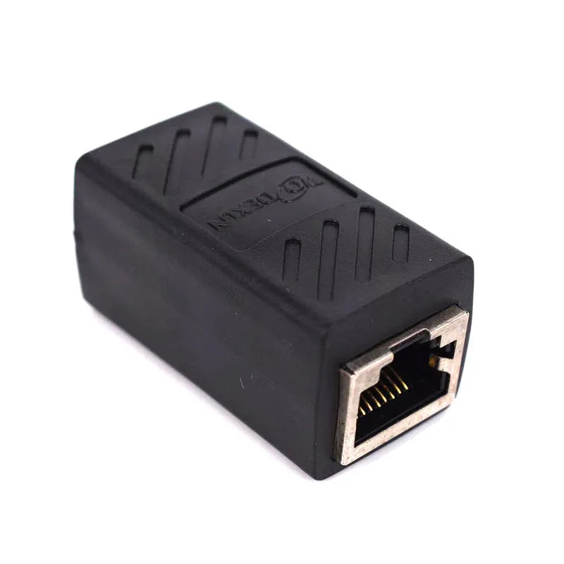 Black RJ45 network cable extender adapter for connecting two Ethernet cables