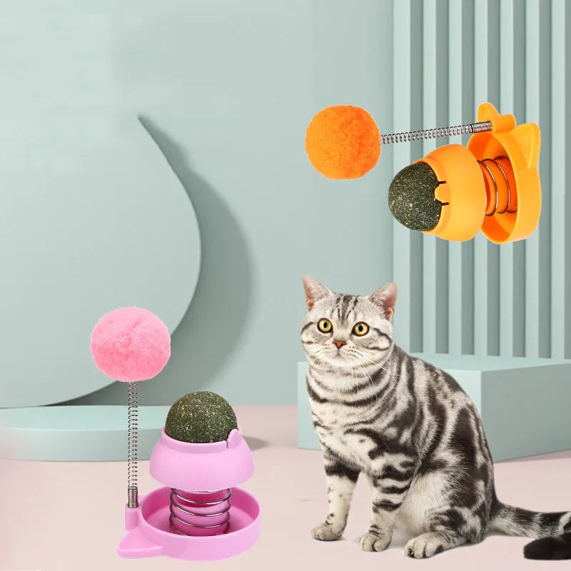 Lucky Cat design mint-flavoured ball cat toy on a stick for interactive play and teeth cleaning.