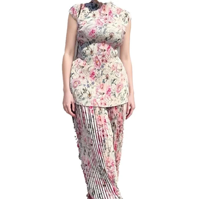 Long sleeve printed chiffon dress with matching top, high-waisted skirt design in picture colour.