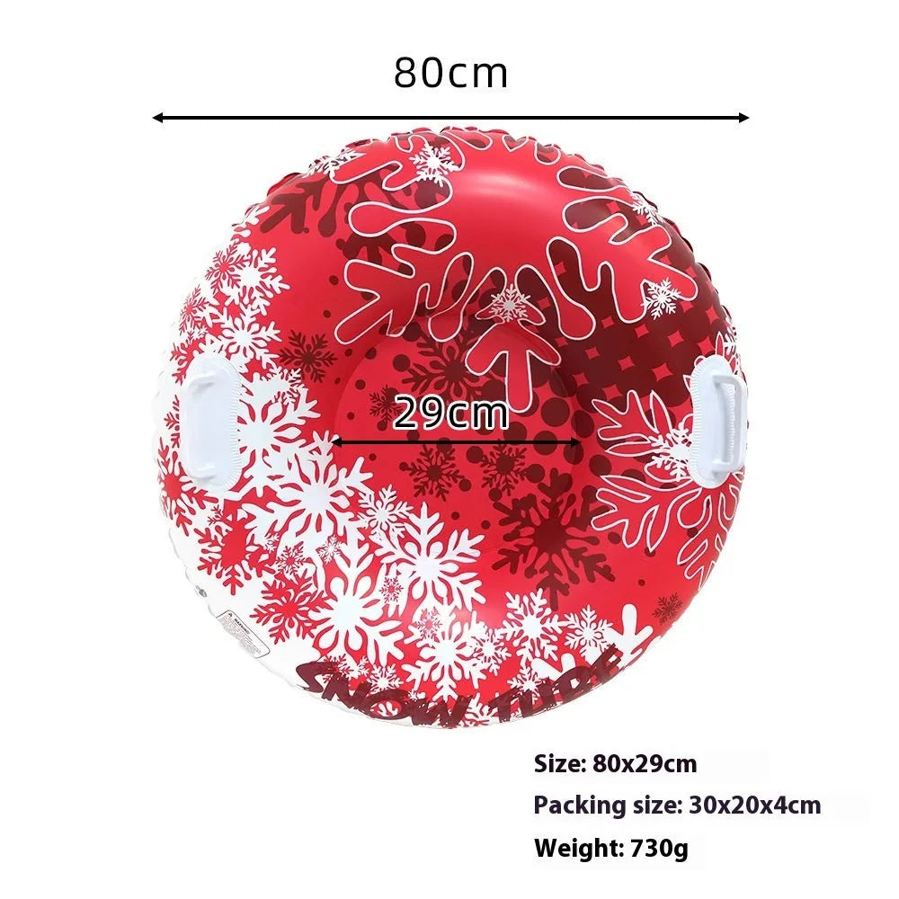 Thick PVC ski ring toy in snow mountain, ice blue, or flame red print for winter decoration.