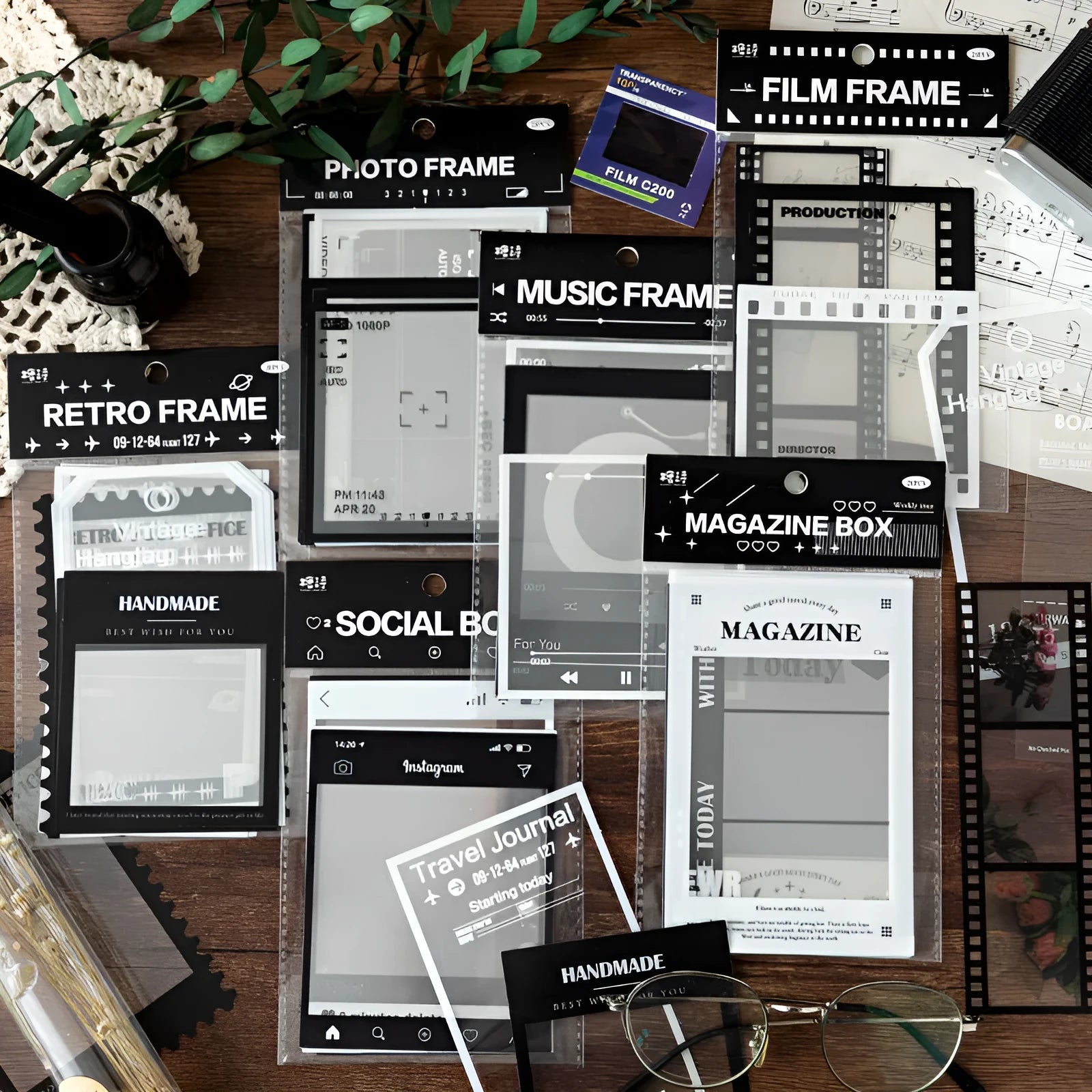 Retro film journal decorative sticker set with 15 transparent sheets showing photography, film, magazine, music, and social frame designs