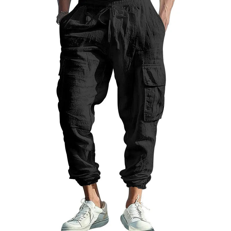 Men's linen cargo trousers with multi-pocket design in army green, black, navy blue, and yellowish brown