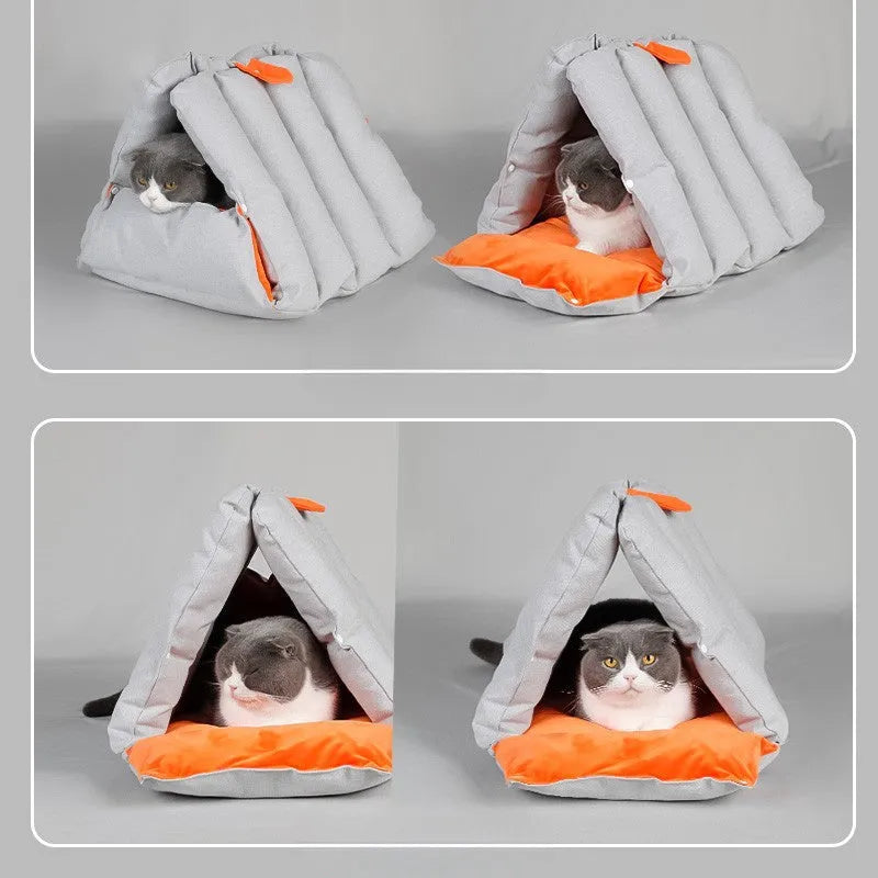 Blue triangular sofa-style cat bed with a removable cover and connection holes on the side.