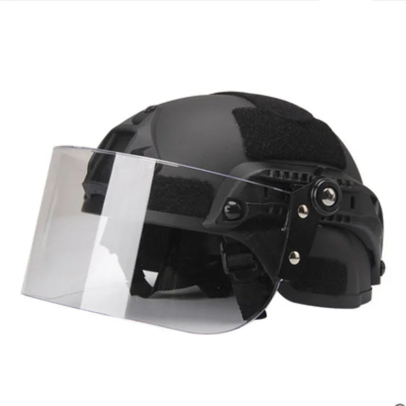 Transparent polycarbonate helmet-mounted face shield with guide rail attachment