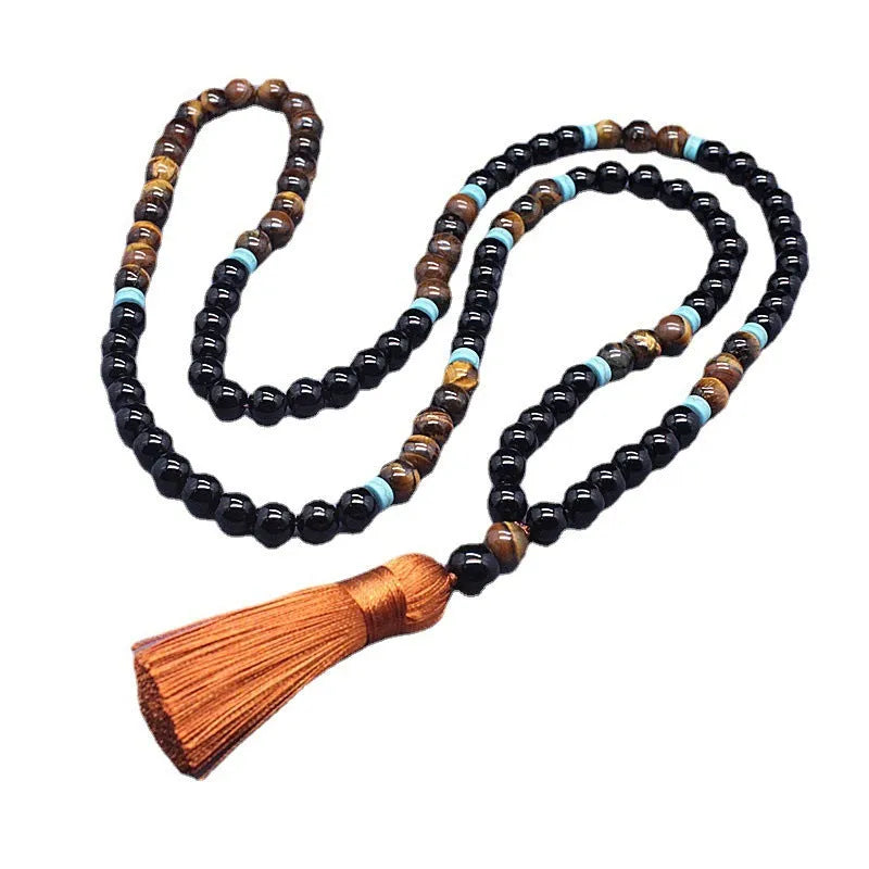 Natural agate tiger eye stone jewellery set with black bracelet and geometric necklace