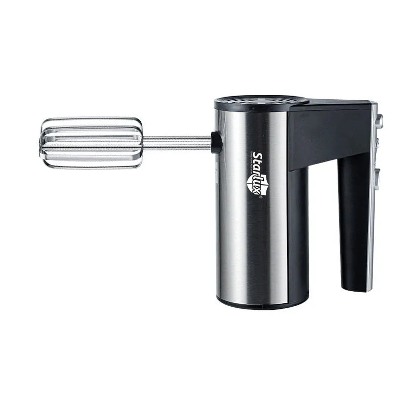 Silver and black handheld electric food mixer with two metal beaters, model SL-25209.