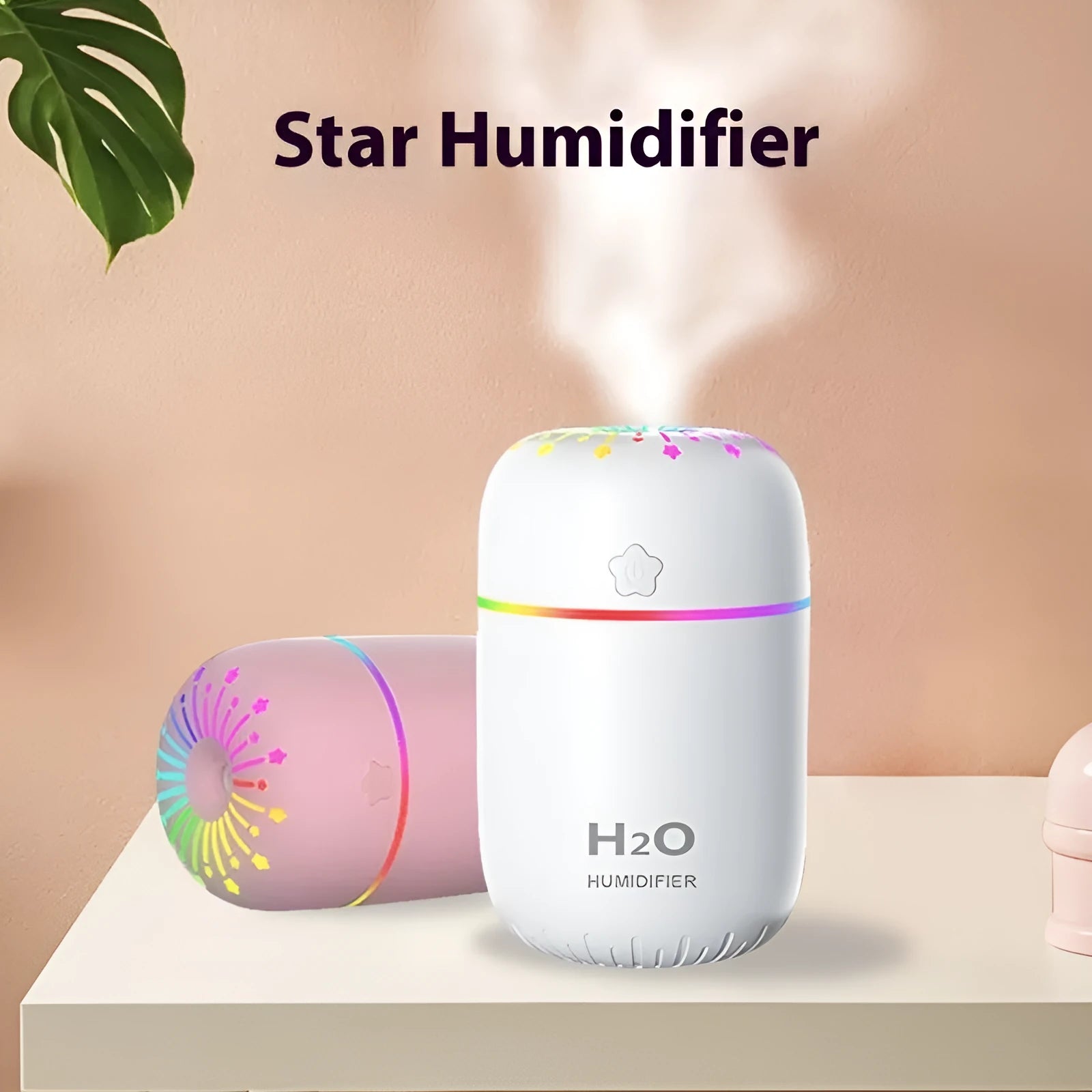 White USB mini humidifier with 300ml tank measuring 75x75x116mm