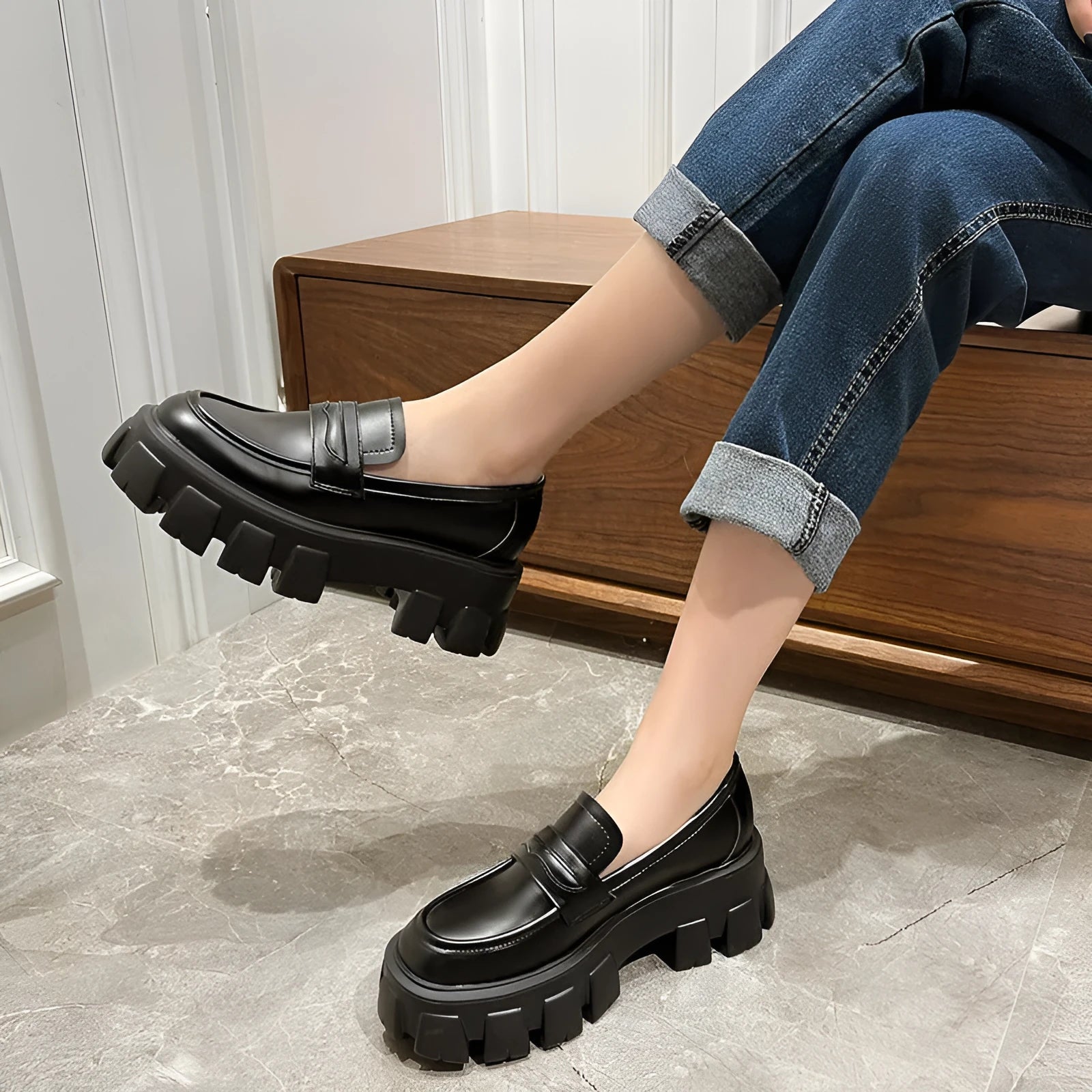 British style wide fat foot loafers in patent leather and matte finish options, showing rubber sole and slip-on design