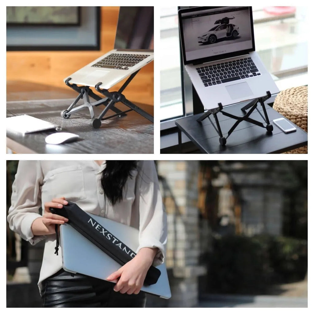 Portable folding laptop stand in sagacious black with enhanced nylon components and carrying case