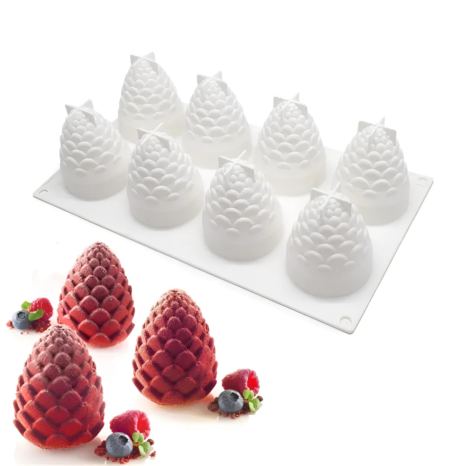 Set of six silicone baking moulds showing pineapple, pine cone and pear shapes for dessert making