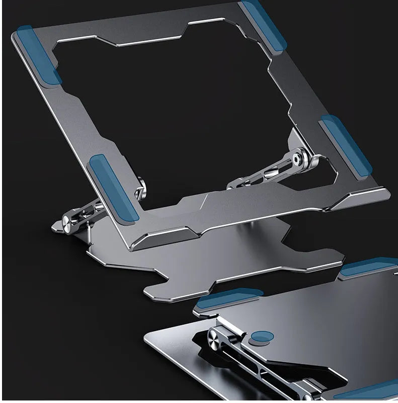 Grey aluminium adjustable laptop stand folded and unfolded on a wooden desk
