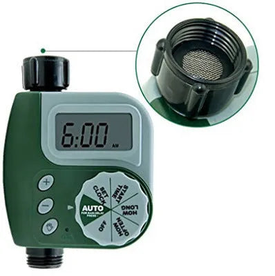 Green digital garden hose timer with large display and dial for automatic sprinkler programming
