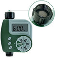 Green digital garden hose timer with large display and dial for automatic sprinkler programming